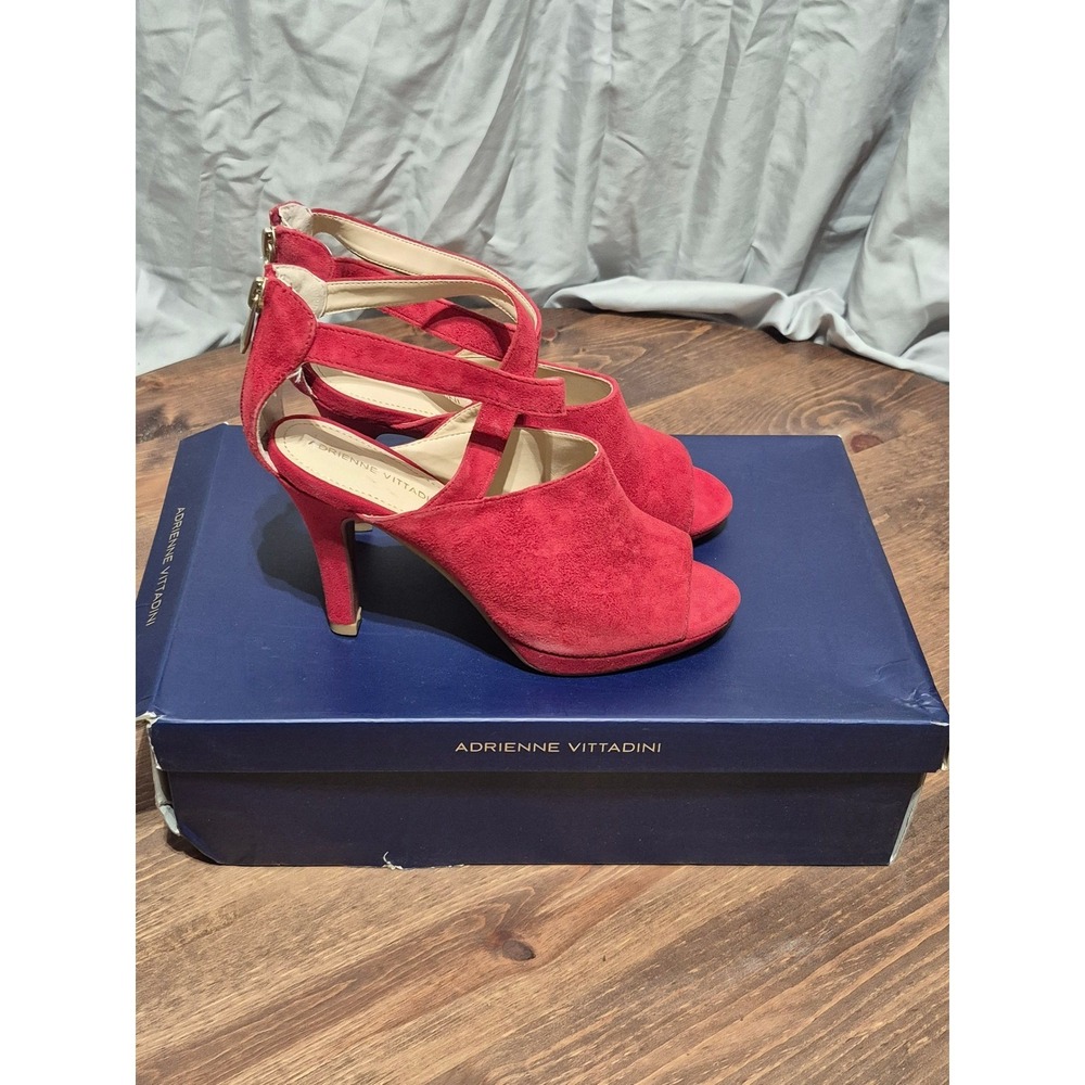 Adrienne Vittadini Genae Red Suede Peep Toe Strappy Platform Heels 6M AV-GENAE